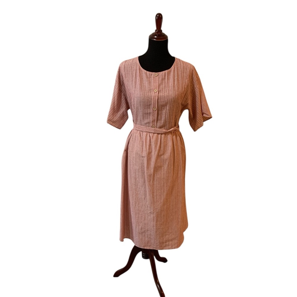 Flamingo Red & White Farmhouse Striped A-Line Midi Dress Women’s Large